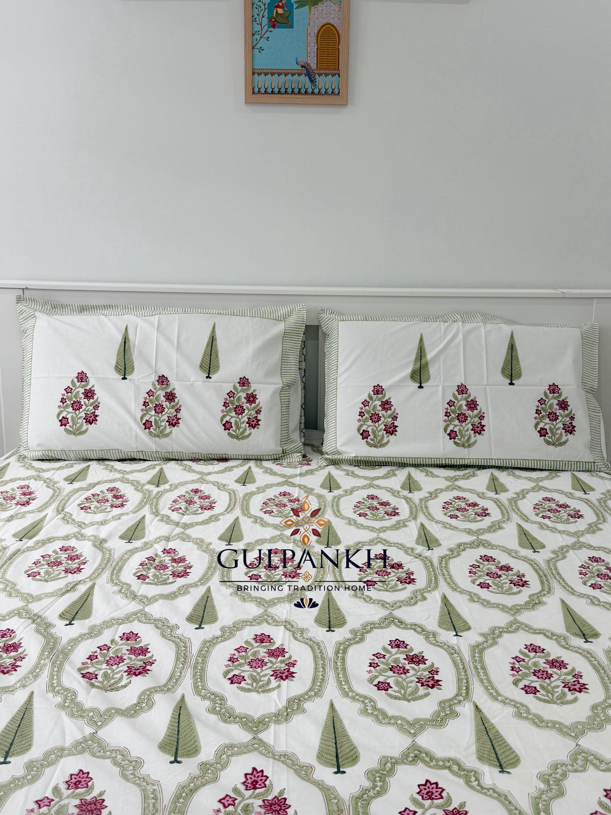 Hand Block Printed 100% Cotton Queen Fitted Bedsheet - Sage Ruby Courtyard | Gulpankh Canada