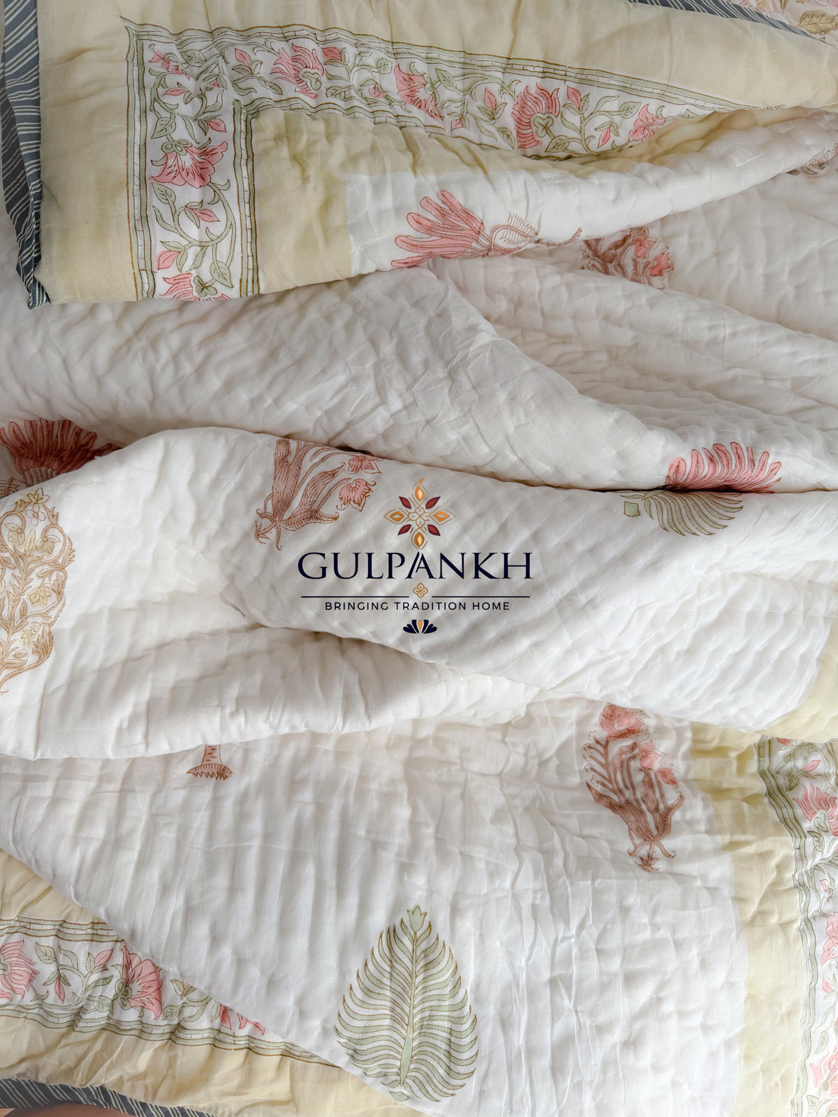 Hand Block Printed Reversible Cotton Quilt - Blush Meadow | Gulpankh Canada