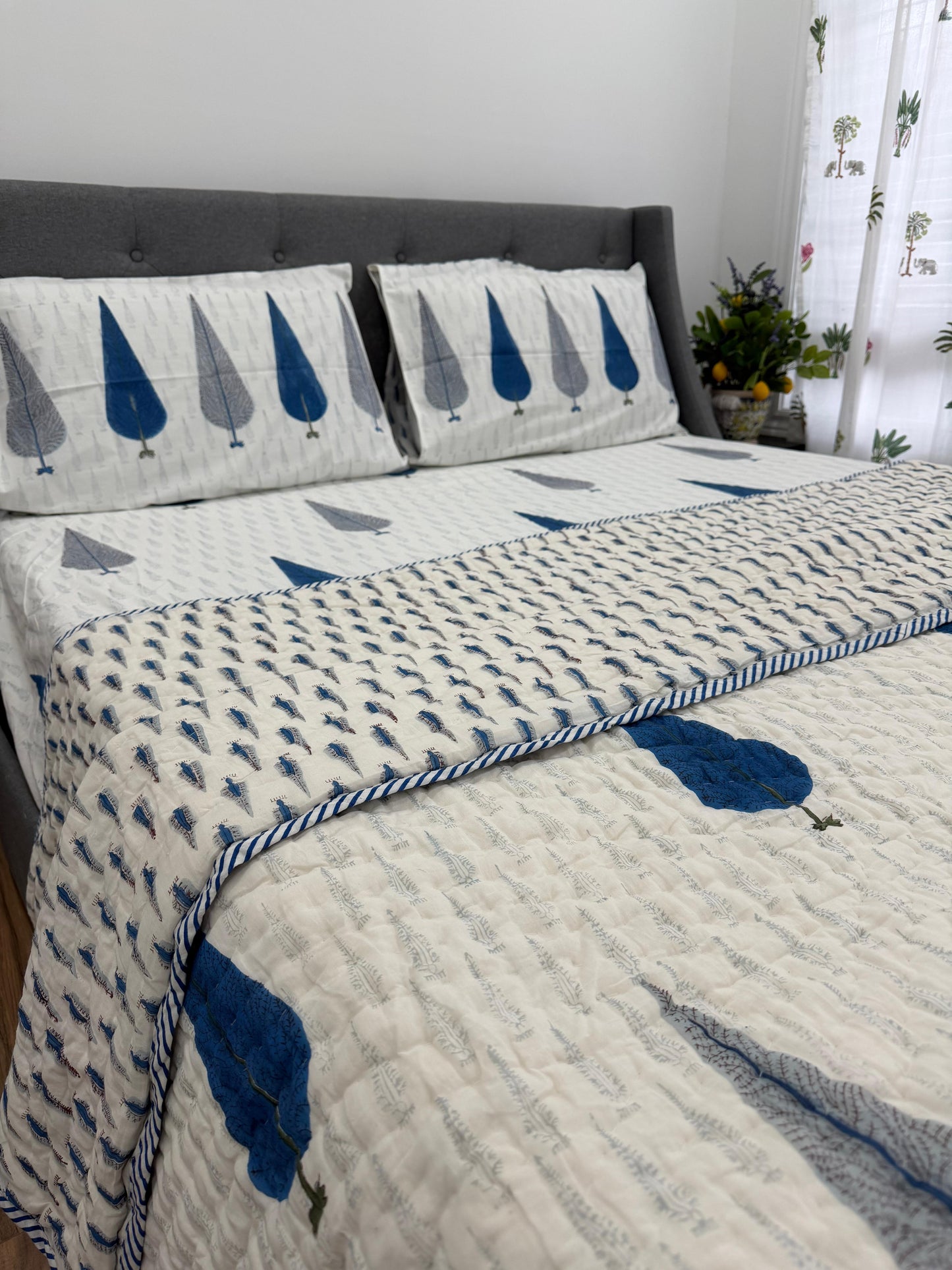 Hand Block Printed Cotton Bedding Set with Quilt - Indigo Leaf | Gulpankh Canada