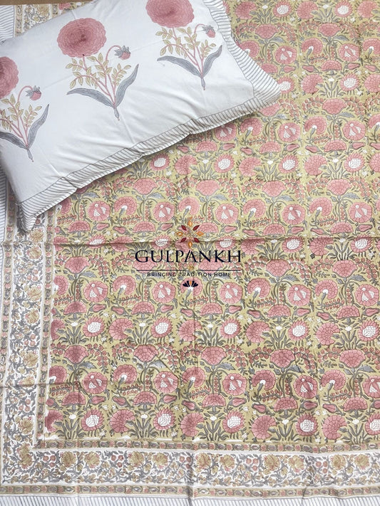 Hand Block Printed Queen Fitted Bedsheet - Gulabi Bagh | Gulpankh Canada