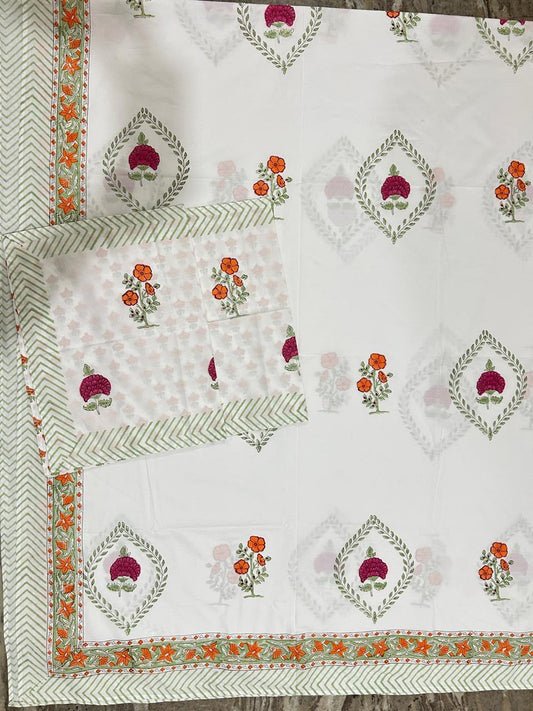 Hand Block Printed Queen Flat Sheet - Gulnaar Marigold Vatika | Gulpankh Canada