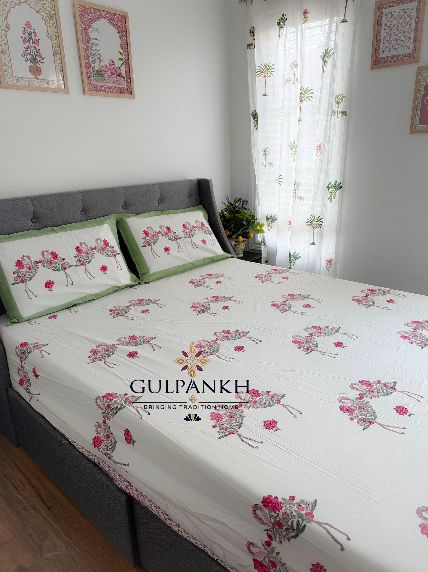 Hand Block Printed Queen Fitted Bedsheet - Gul Flamingo Baagh | Gulpankh Canada