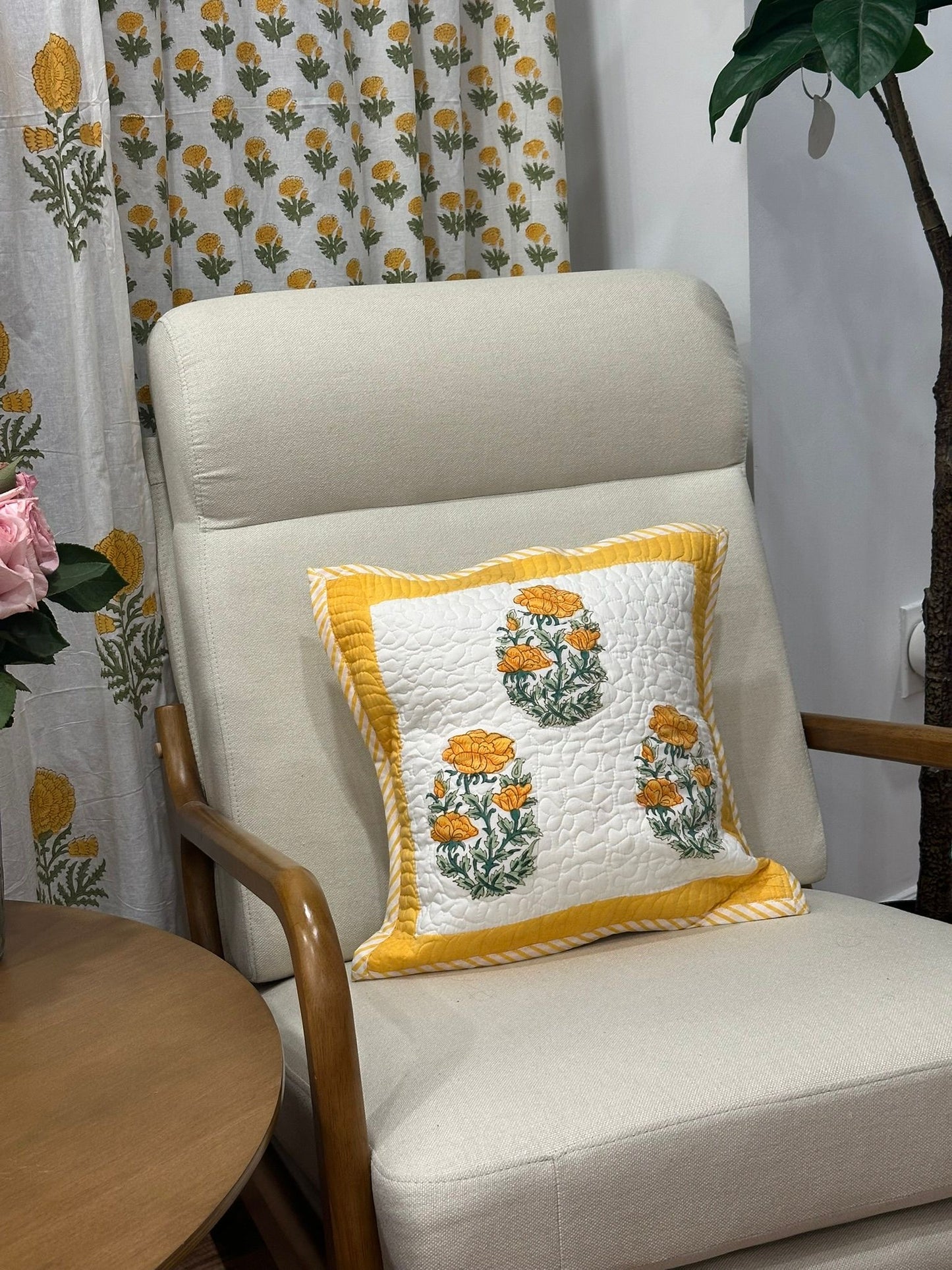 Marigold Bloom Set of Two Hand Block Printed Cushion Covers | Gulpankh Canada