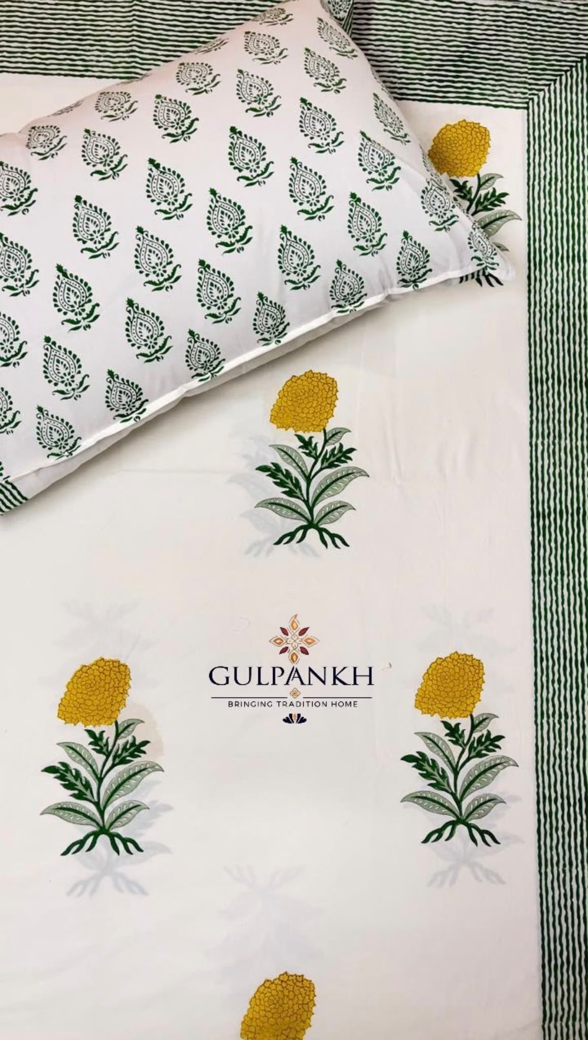 Hand Block Printed Queen Fitted Bedsheet - Peela Genda | Gulpankh Canada