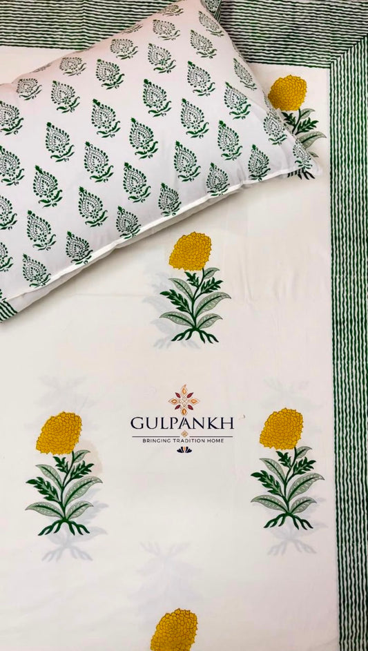 Hand Block Printed Queen Fitted Bedsheet - Peela Genda | Gulpankh Canada