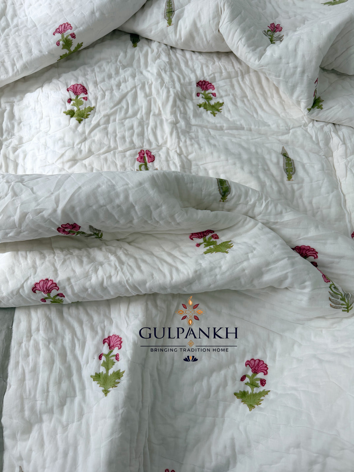 Hand Block Printed Reversible Cotton Quilt - Gulabi Saanjh | Gulpankh Canada