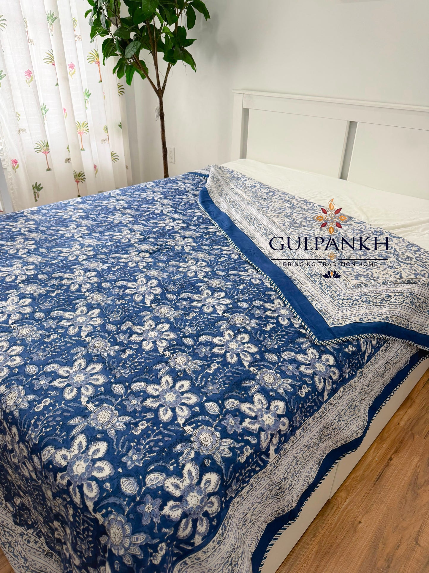 Hand Block Printed Mulmul Cotton Dohar - Neelkamal Blossom | Gulpankh Canada