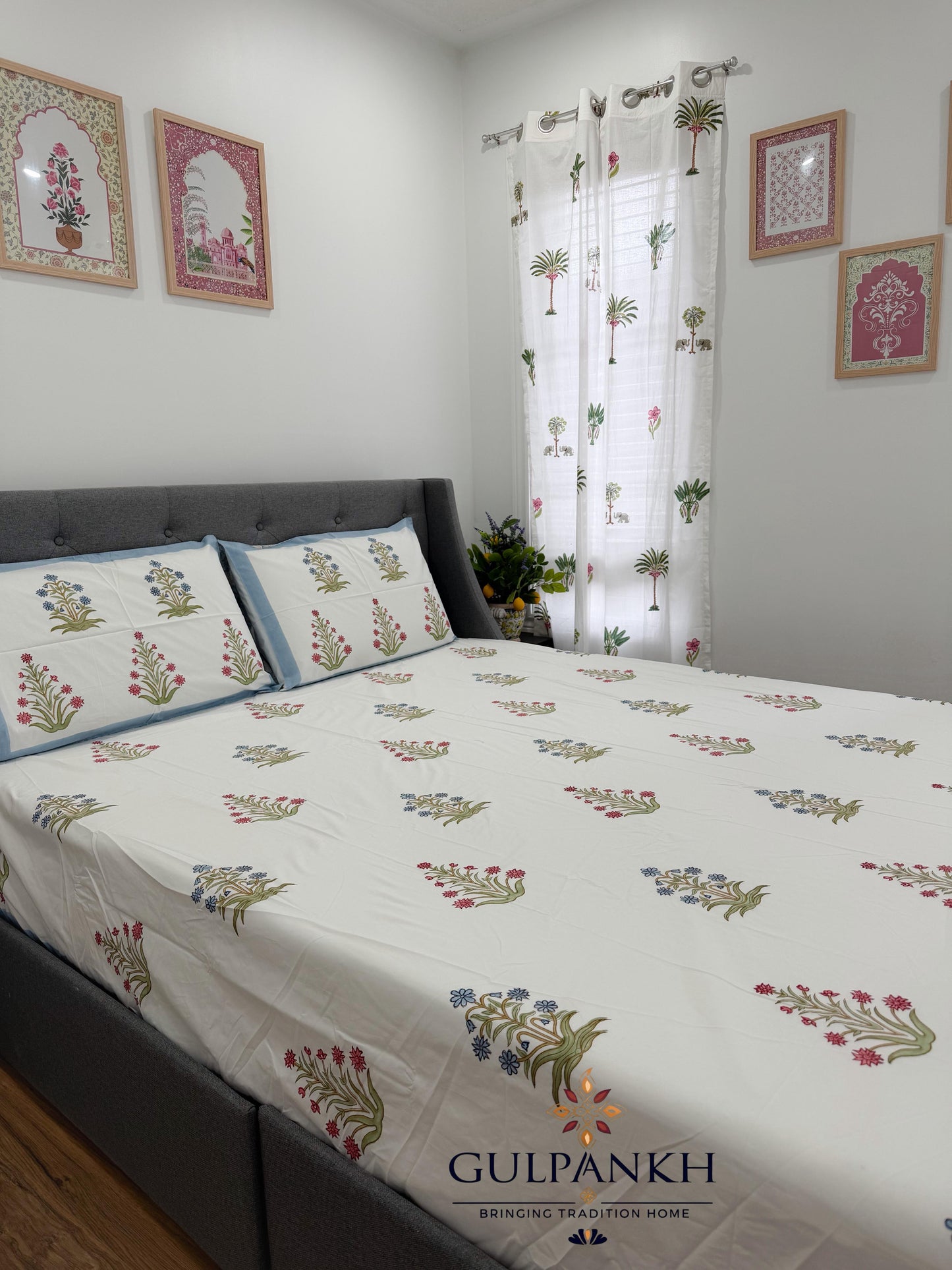 Meadow Buti Hand Block Printed Fitted Bedsheet | Gulpankh Canada