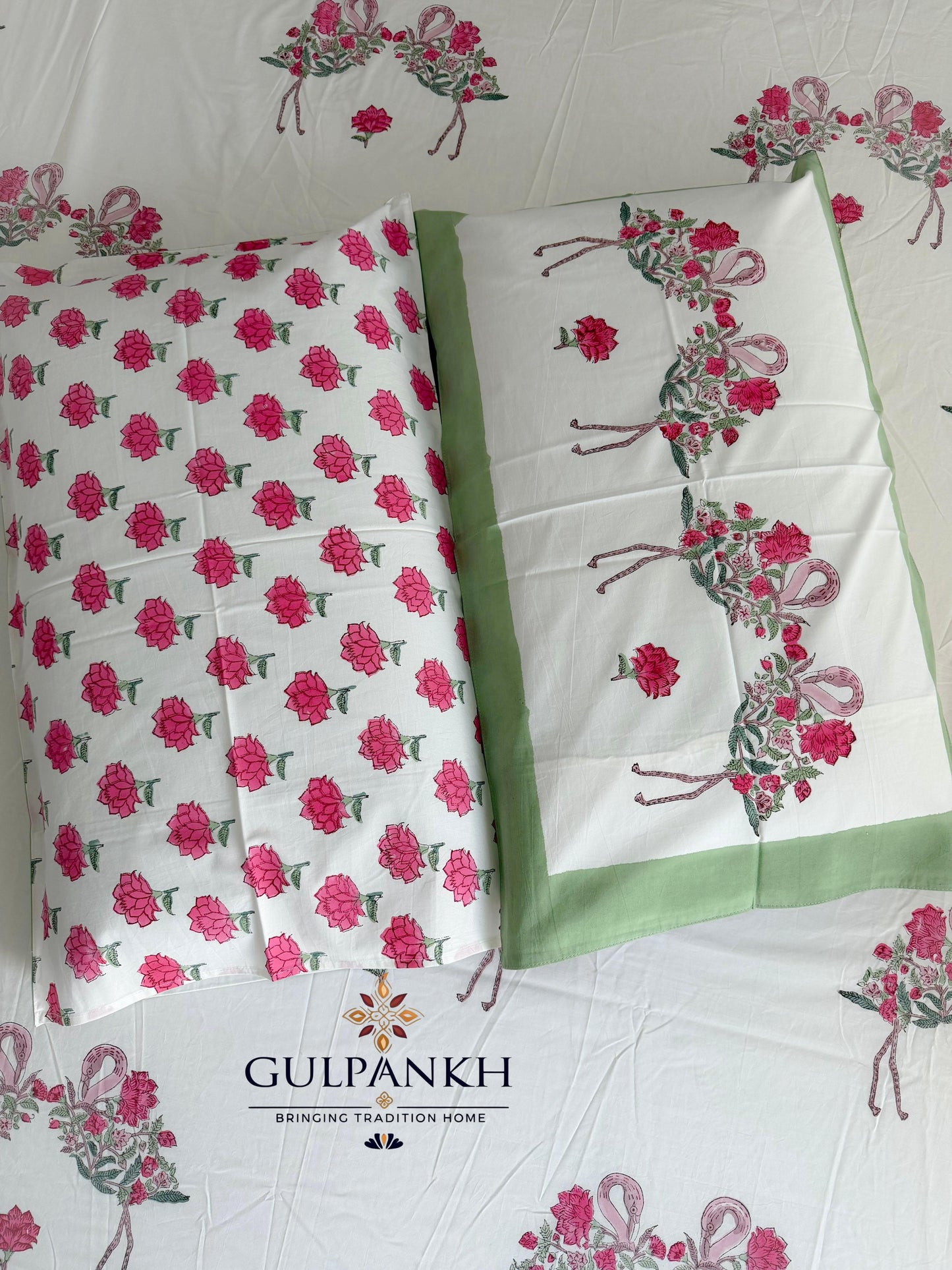 Hand Block Printed Queen Fitted Bedsheet - Gul Flamingo Baagh | Gulpankh Canada