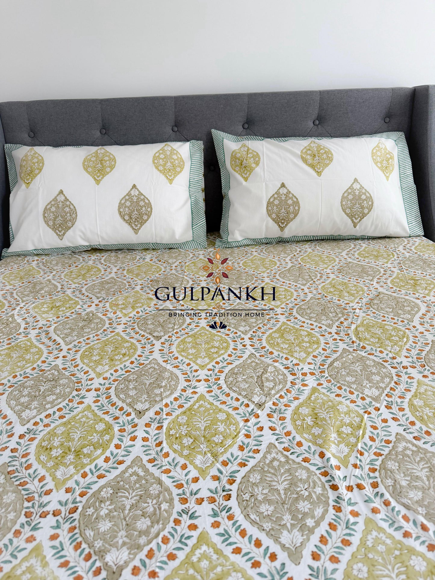 Hand Block Printed Fitted Bedsheet - Sunlit Mughal Trellis | Gulpankh Canada