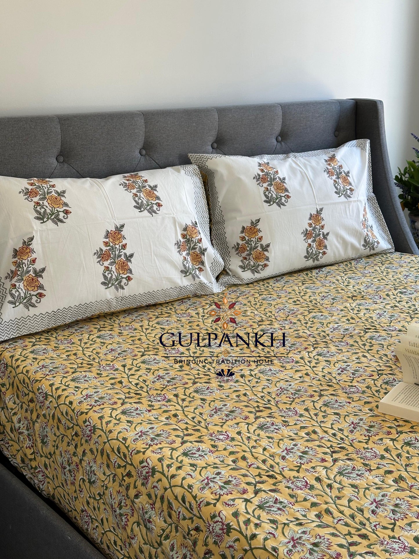 Mustard Garden Hand Block Printed Fitted Bedsheet | Gulpankh Canada