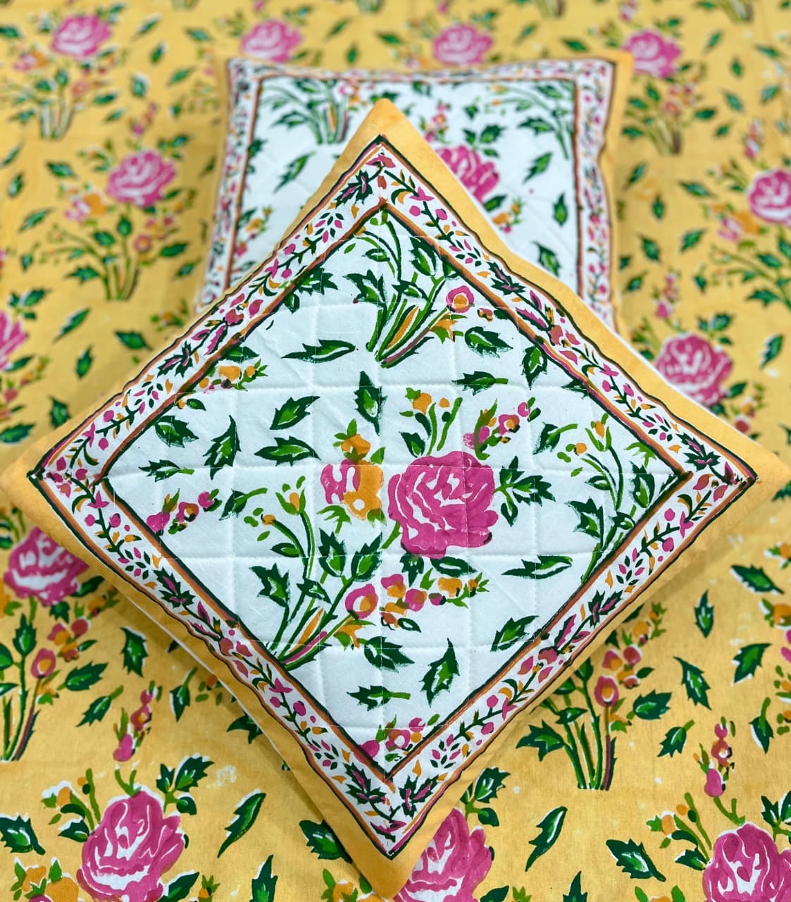 Quilted Hand Block Printed Cushion Cover – Mustard Rose Garden | Gulpankh Canada