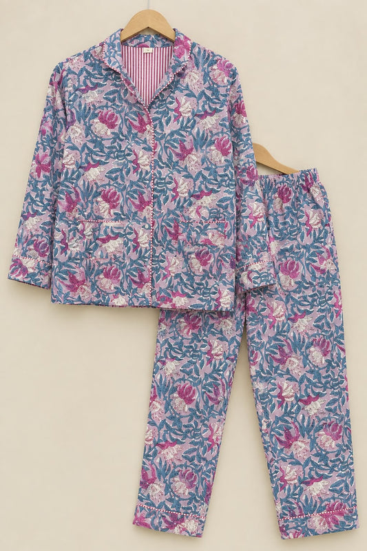 Hand Block Printed Cotton PJ Set with Storage Bag – Pink Vine Bloom | Gulpankh Canada