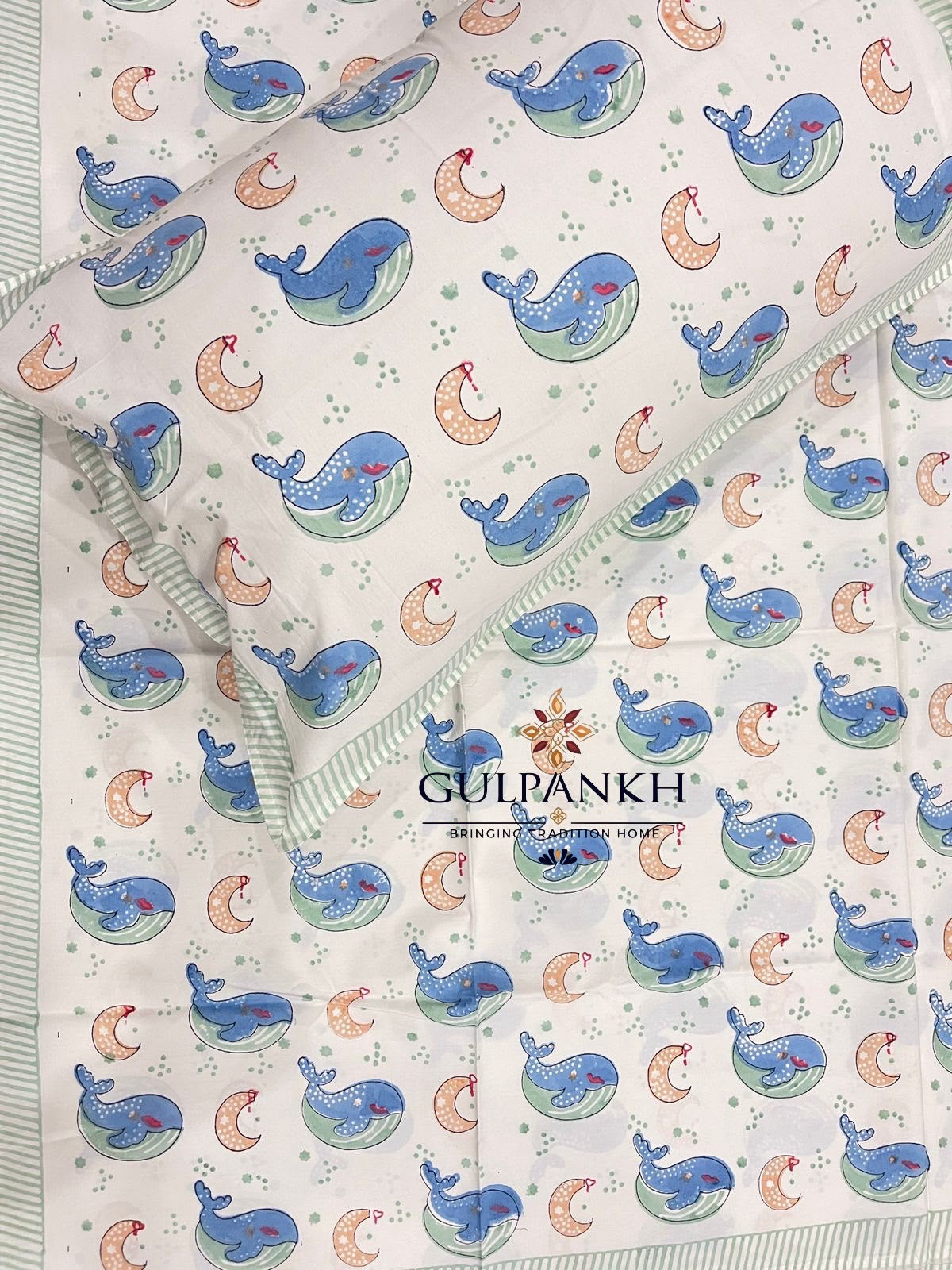 Hand Block Printed Twin Fitted Bedsheet - Moonlit Whale | Gulpankh Canada