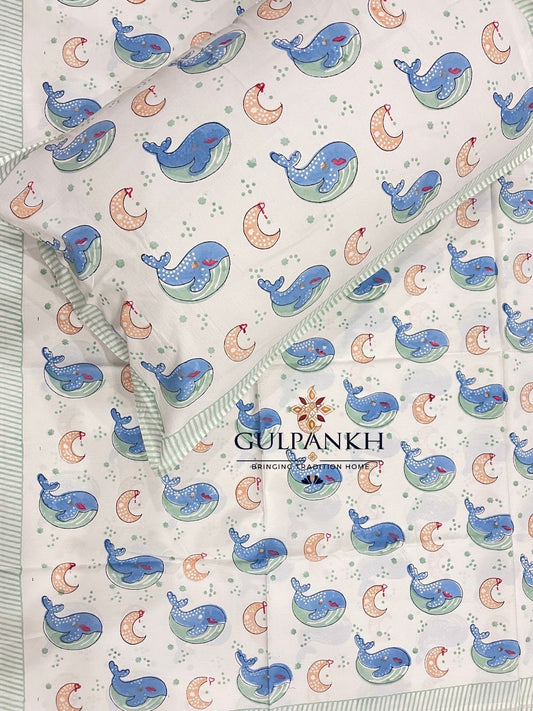 Hand Block Printed Twin Fitted Bedsheet - Moonlit Whale | Gulpankh Canada