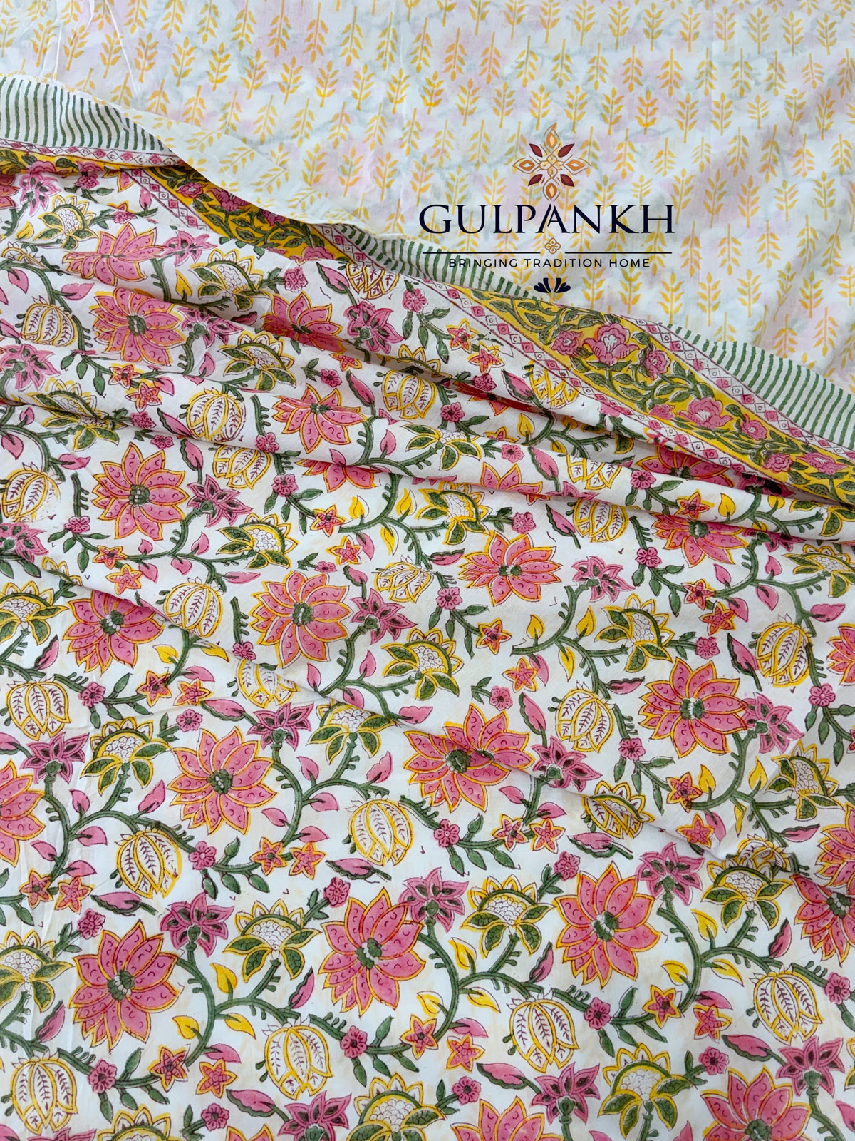 Hand Block Printed 100% Mulmul Cotton King Duvet Cover – Pink Lotus Garden | Gulpankh Canada