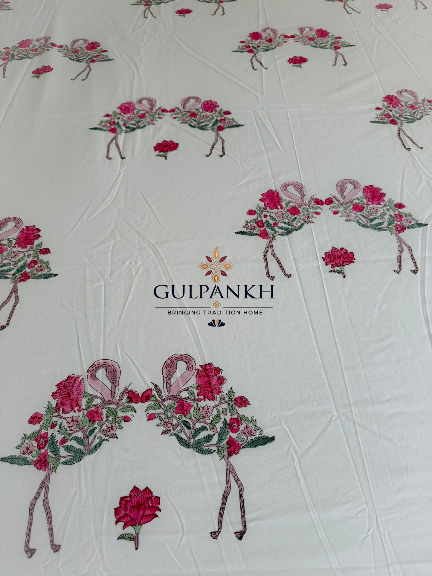 Hand Block Printed Queen Fitted Bedsheet - Gul Flamingo Baagh | Gulpankh Canada