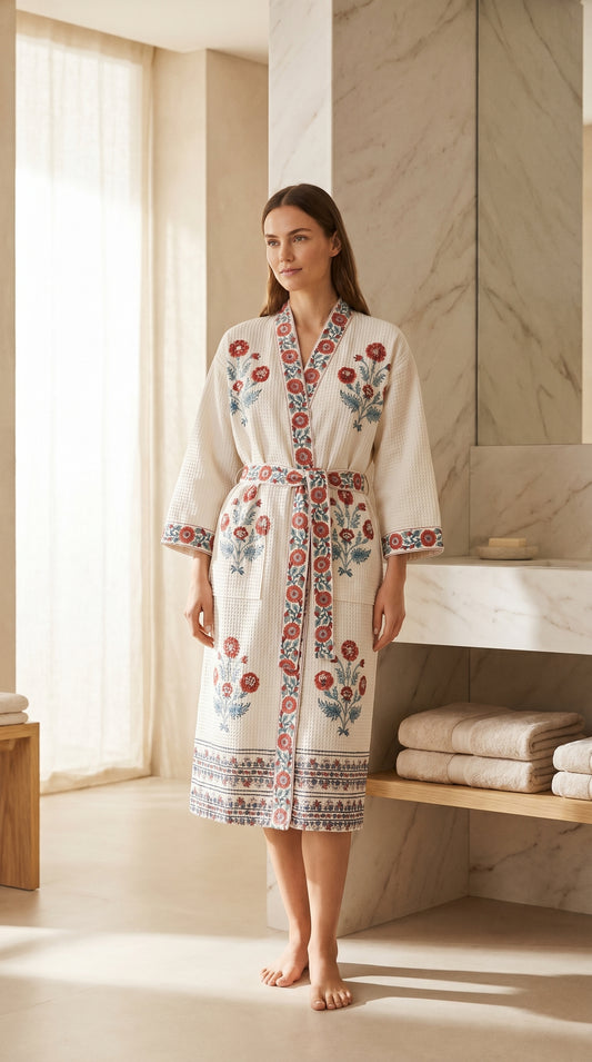 Noor-e-Gul Hand Block Printed Waffle Cotton Bathrobe – Cotton Spa Robe | Gulpankh Canada