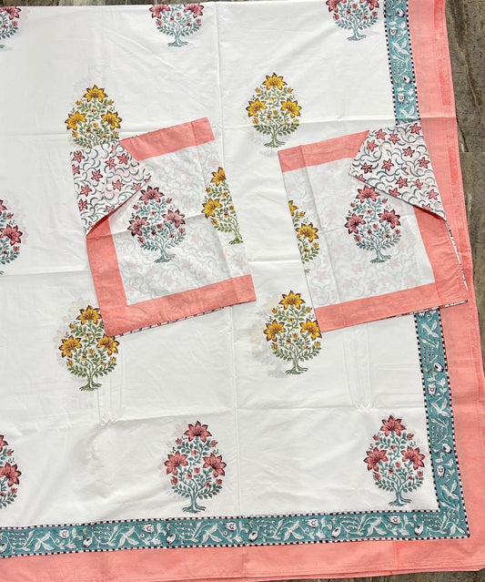 Hand Block Printed Queen Flat Sheet - Peach Gulbahar Garden | Gulpankh Canada