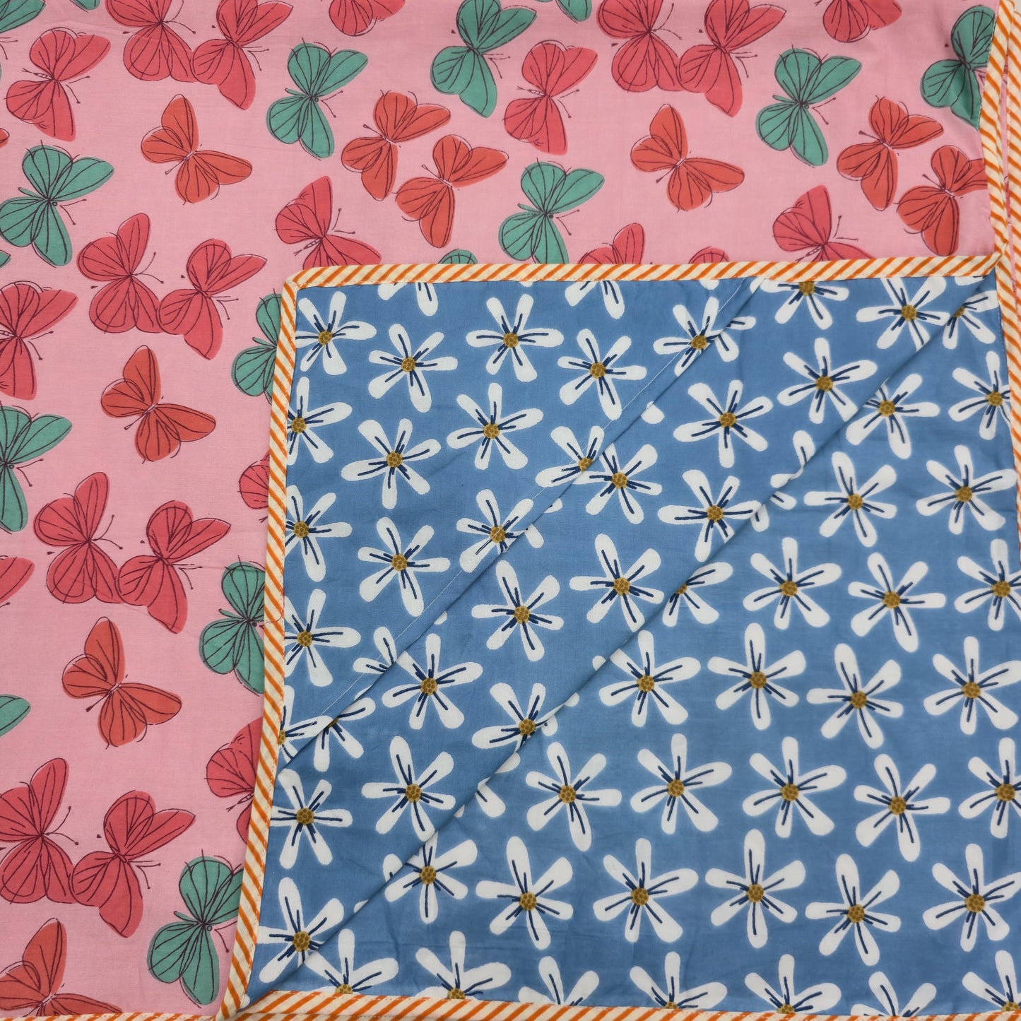 Hand Block Printed Hooded Baby Swaddle Blanket – Blue Daisy Butterfly | Gulpankh Canada