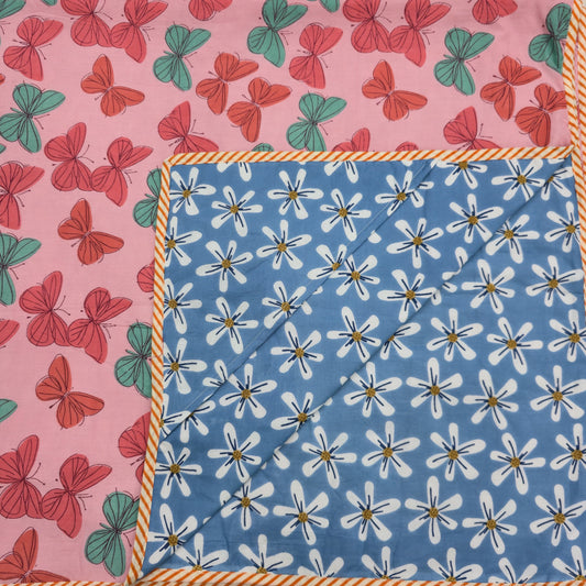 Hand Block Printed Hooded Baby Swaddle Blanket – Blue Daisy Butterfly | Gulpankh Canada